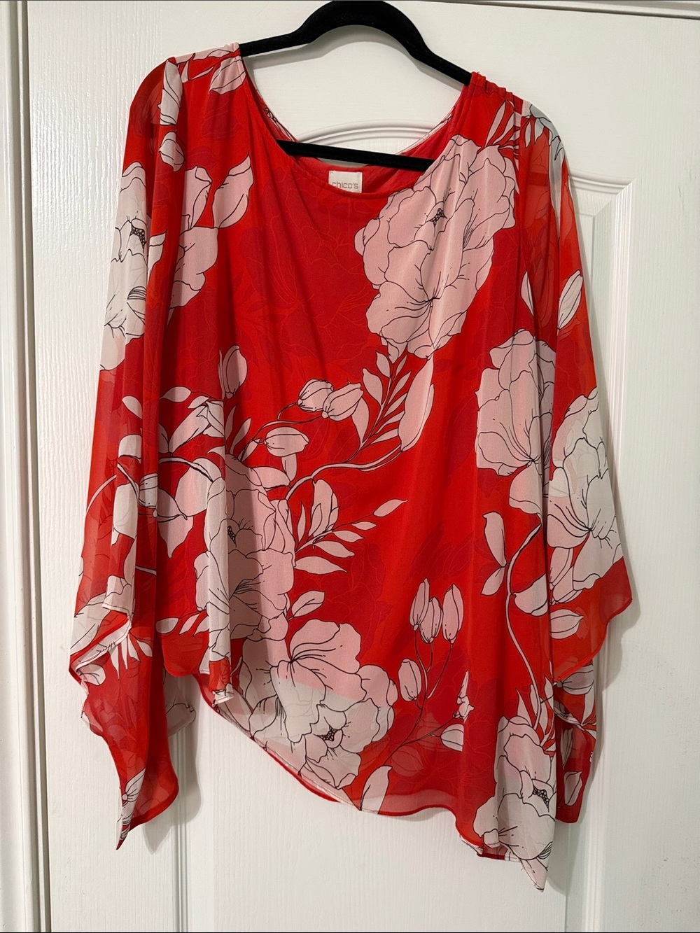 Chico's Red/Orange Floral Sheer Tunic Style Top with White Blossom Print
